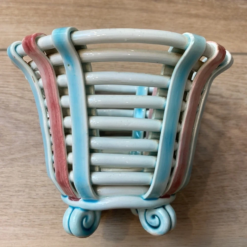 Vintage Italian Ceramic Basket Coil Pot‎ Luminary Cache Pot Boho French Country